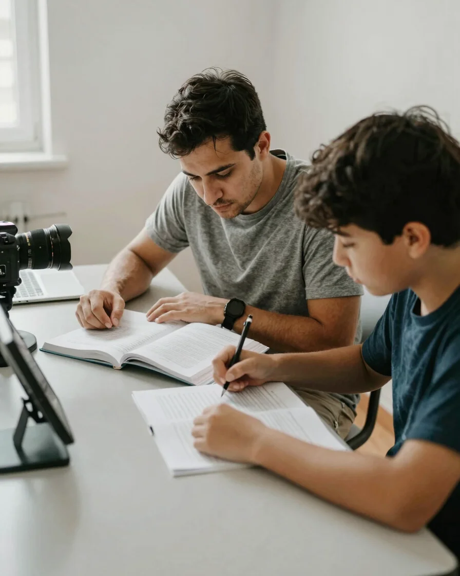 Tutor and student working side by side over an open textbook at a simple table, candid wider view, soft natural daylight