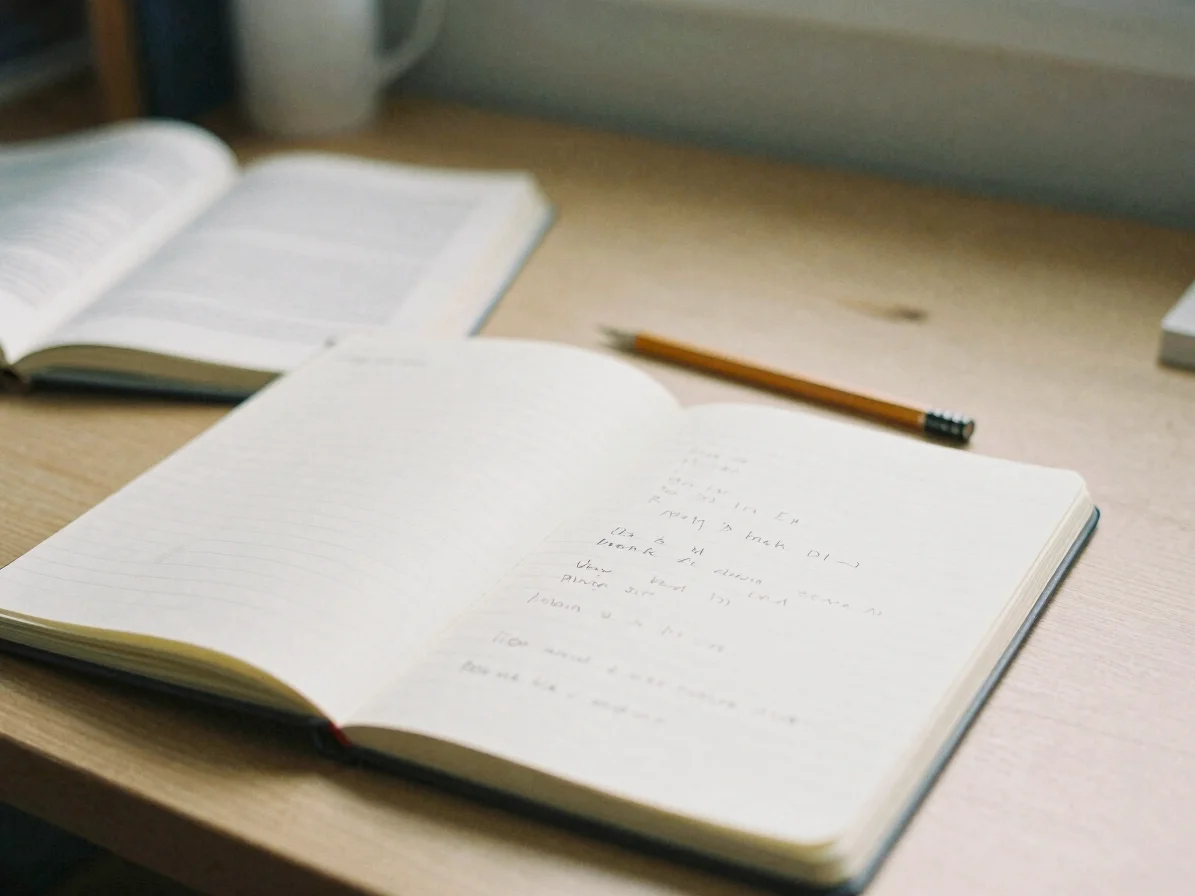 Soft natural daylight across a quiet study desk, an open notebook with indistinct handwritten notes, a pencil resting be
