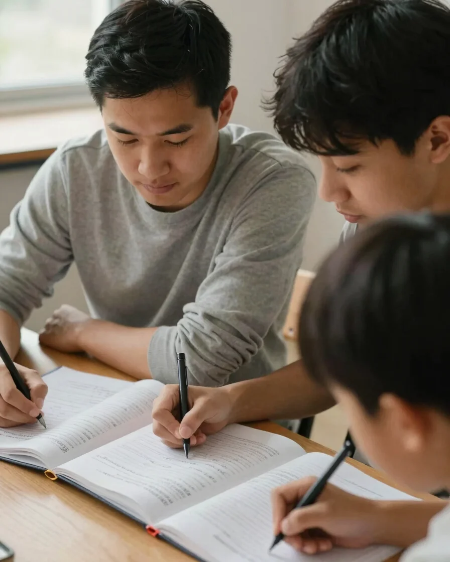 Candid documentary view of a tutor and student working through a question side by side at a wooden table, open textbook