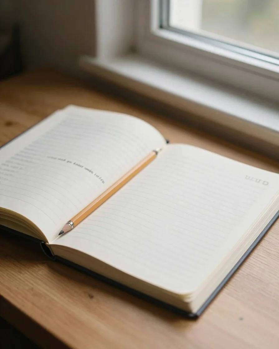 Open notebook and textbook on a wooden desk beside a pencil, soft natural daylight from a window, calm paper-and-ink neu